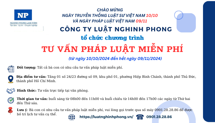 Tổ chức chương trình tư vấn pháp luật miễn phí (từ ngày 10/10/2024 đến hết ngày 09/11/2024)