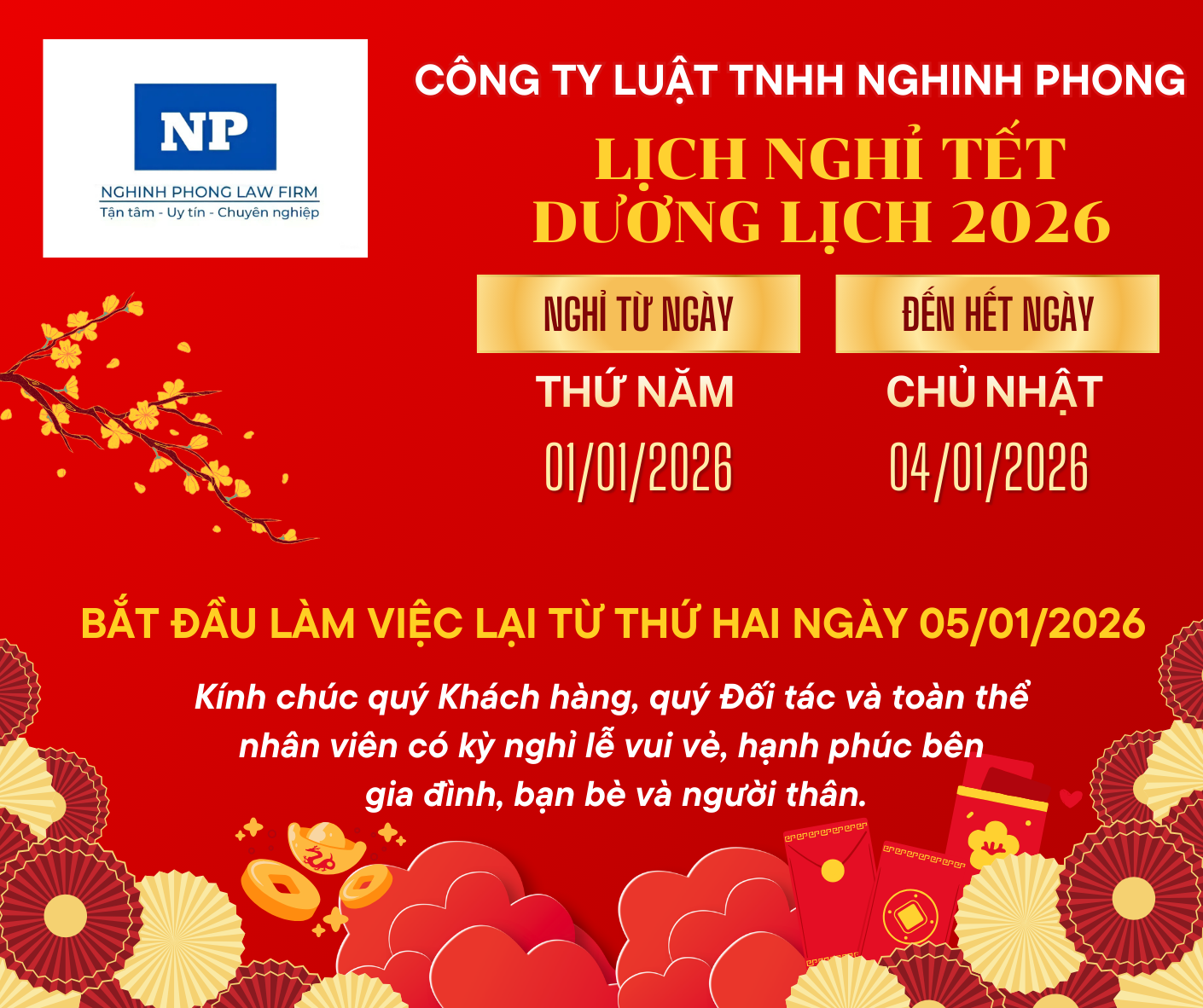 THÔNG BÁO LỊCH NGHỈ TẾT DƯƠNG LỊCH 2026