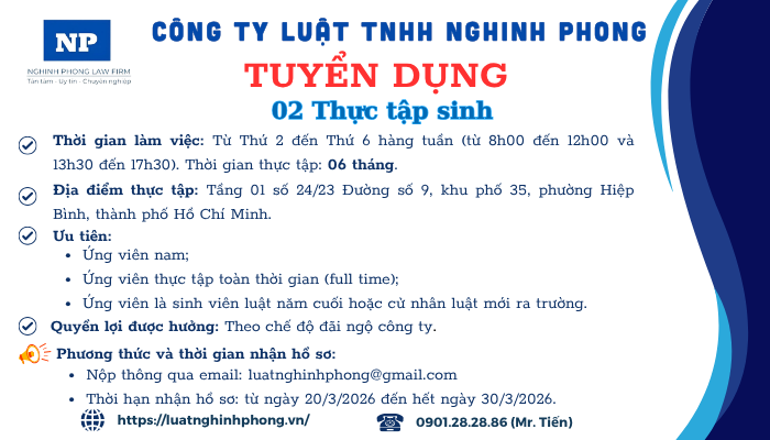 Tuyển dụng 02 Thực tập sinh pháp lý (Thời hạn: Từ ngày 20/3/2026 đến hết ngày 30/3/2026)
